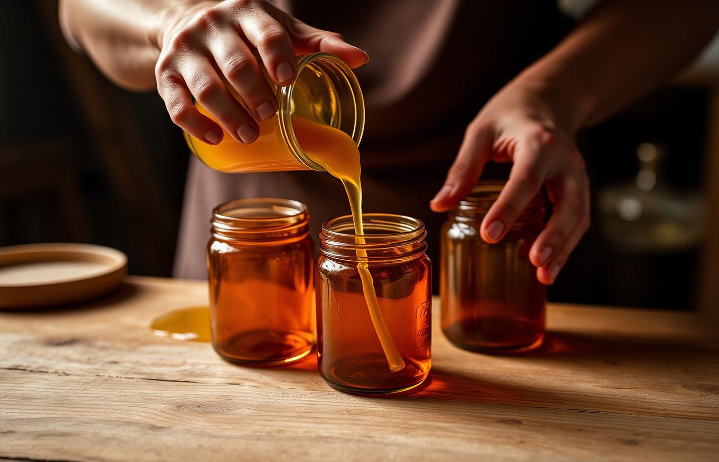 Pouring molten wax into amber jars